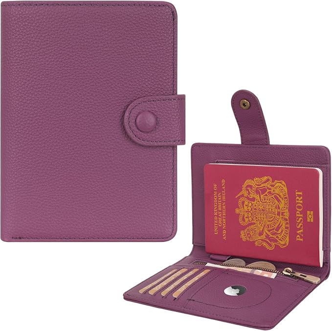 WASON Leather Passport Cover Wallet - Travel Passport Holder with RFID, Card Slots, Cash Pocket, Coin Purse, Tracker Slot, Boarding Pass and Ticket Organizer for Men and Women (Purple)