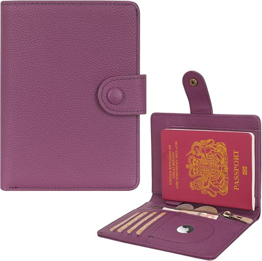 WASON Leather Passport Cover Wallet - Travel Passport Holder with RFID, Card Slots, Cash Pocket, Coin Purse, Tracker Slot, Boarding Pass and Ticket Organizer for Men and Women (Purple)