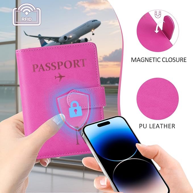 COSHAYSOO Initial RFID Passport Holder for Travel Women Passports Cover Case Air Essentials Airplane Flight Accessories Airline Plane Flying Must Haves Christmas Gift Butterfly Letter Hot Pink B