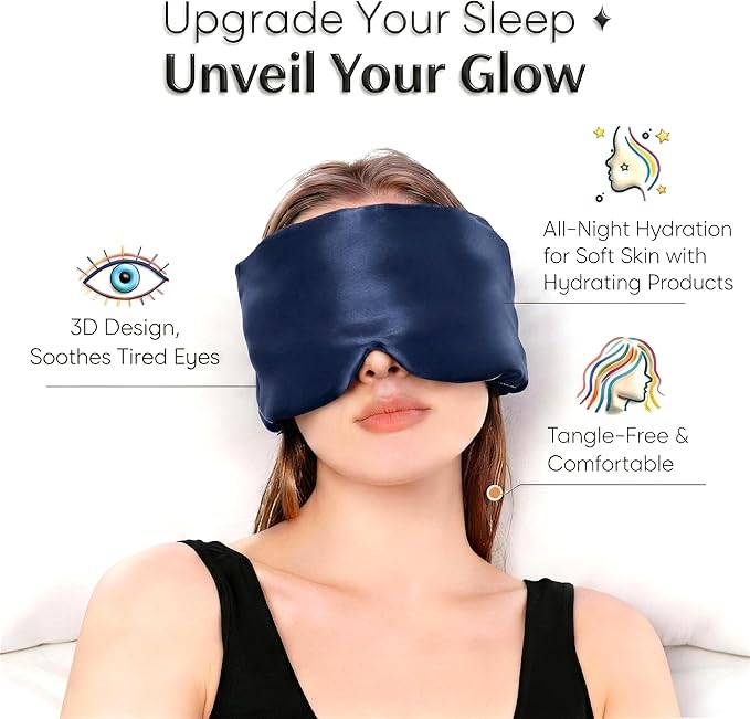 100% Mulberry Silk Sleep Mask for Women & Men – 22 Momme 6A Grade, 3D Contoured Total Blackout Eye Mask for Side Sleepers, Eyelash Extensions, Adjustable Strap, Breathable Blindfold (Navy Blue)