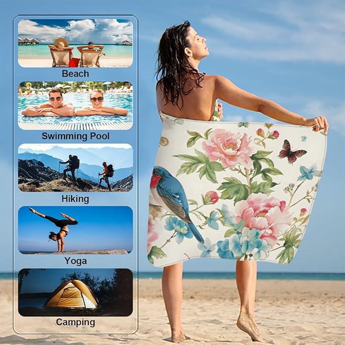 Birds Butterflies Flowers Beach Towel, Large Microfiber Quick Dry Lightweight Pool Bath Towels Sand Free Beach Blanket for Summer Cruise Yoga Camping Travel Vacation Essentials 31 x 61 in