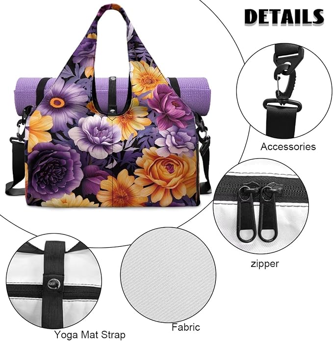 Purple Floral Womens Gym Bag with Shoe Compartment Lightweight Overnight Weekender Duffel Bag for Travel Sports Fitness Workout Yoga Mat Holder Organizer