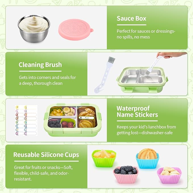 Stainless Steel Lunch Box for Kids, Durable Bento Box Containers with 3 Compartments, Leakproof Lock & Portable Utensil Set, Office, Picnics, Travel, Freezer&Dishwasher Safe, Green