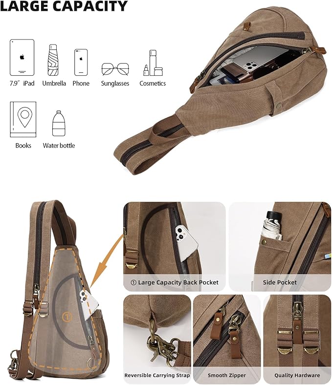 KL928 Canvas Sling Bag - Small Crossbody Backpack Shoulder Casual Daypack Rucksack for Men Women(Large Version,Brown)