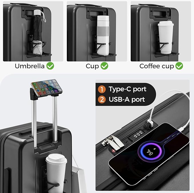 Carry On Luggage Top Opening with Cup Holder & Phone Holder, Expandable PC Hard Shell Suitcase, USB Charging Port, Side Hook, 360° Spinner Wheels, TSA Lock & YKK Zippers for Women Man Gifts
