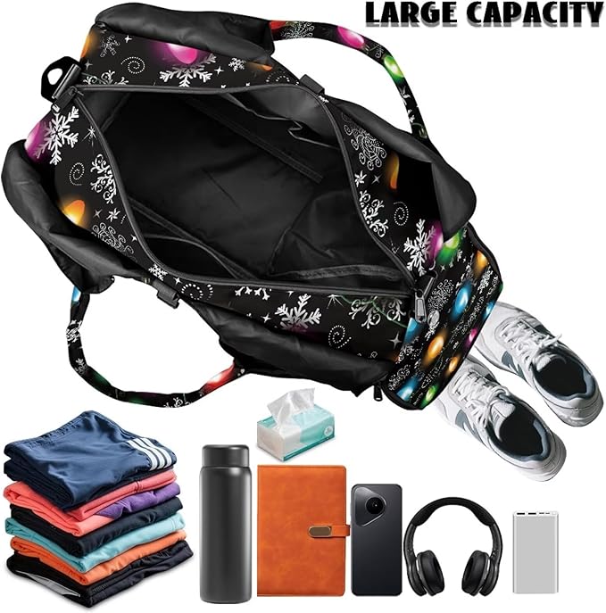 Christmas Colorful Lights Womens Gym Tote Duffle Bag with Shoe Compartment Lightweight Carry On Bag for Beach Swim Sports Overnight Weekender Hospital Bags Gifts for Christmas