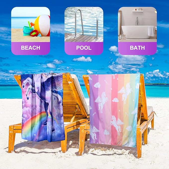 LIVILAN Pink Unicorn Rainbow Beach Towel, 24” x 48” for Kids, Girls, Women, Teens, Oversized, Soft Microfiber, Quick Dry, Sand Proof, Ideal for Travel, Pool, Picnic, Unique Unicorn Gifts