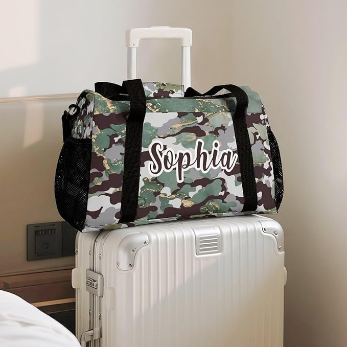 Personalized Green Camouflage Camo Pattern Duffle Bag with Name for Women Man Custom Multifunctional Travel Perform Training Bag Luggage Bag
