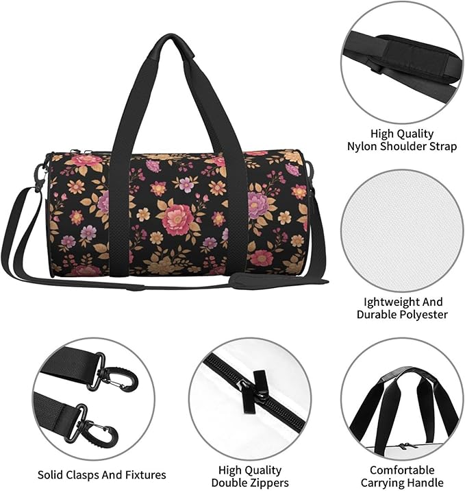 Sports Gym Duffel Bag Vintage Pink Rose Flowers Floral Black for Men Women Waterproof Weekender Travel Bag for Training Swim Yoga