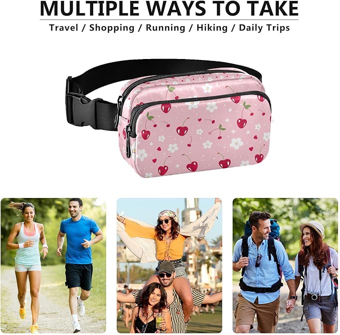 Kawaii Cherries White Flowers Fanny Pack for Women Men Water Resistant Fashion Waist Packs with Adjustable Strap Belt Bag for Travel Workout Jogging Hiking 21219486