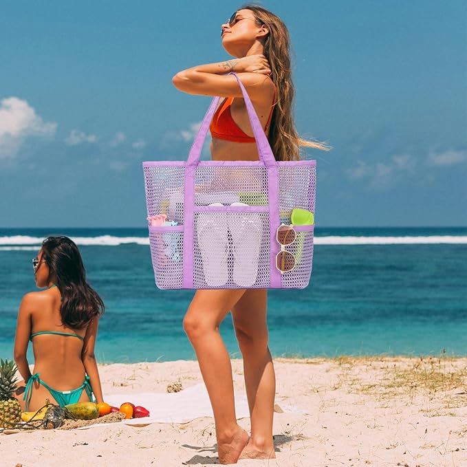 Fammart Mesh Beach Bag for Women, Casual Hobo Bags Large Beach Tote for Pool Travel Cruise Vacation Essentials