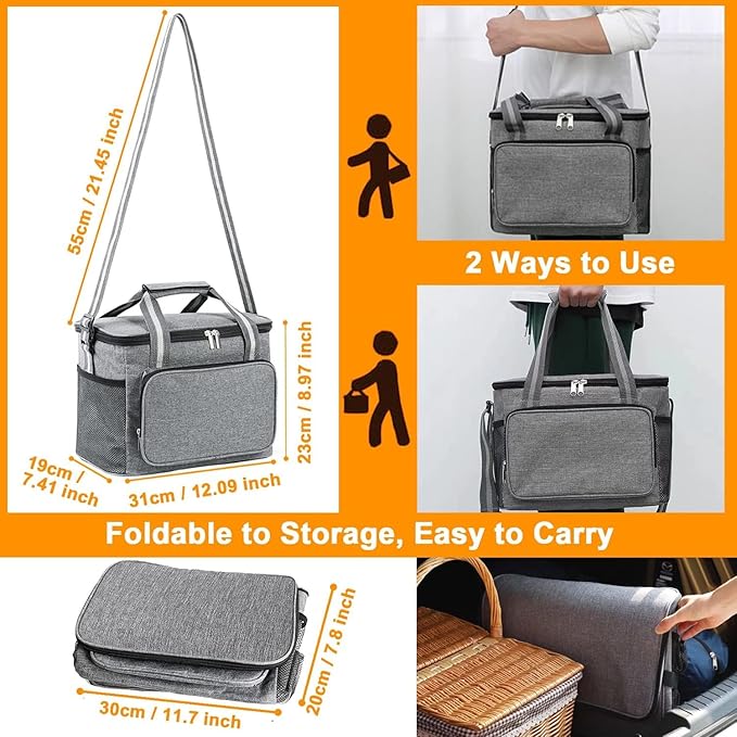Ozzwolle Insulated Cooler Bag for 24Can (15L) Reusable Thermal Bag Leakproof Freezable Cooler Bag Organizer with Adjustable Shoulder Strap for Women Men Office Work Picnic Hiking Beach