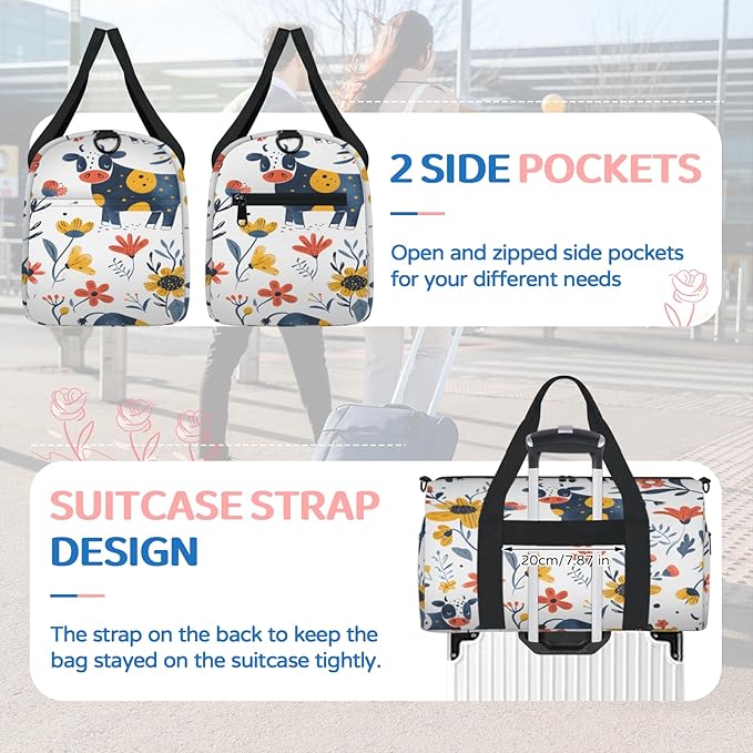 Cows Flower Travel Duffle Bag for Women Men, Overnight Weekender Bag, Carry on Tote for Sport Gym