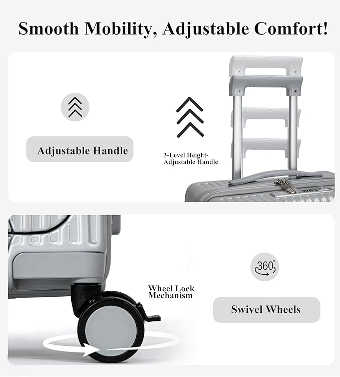feilario 20in Hardside Spinner Wheel Luggage with Zipper Closure, Built-In TSA lock Carry on Suitcase, with Cup Holder & USB Port & Phone Holder White(with zipper closure, 20in)