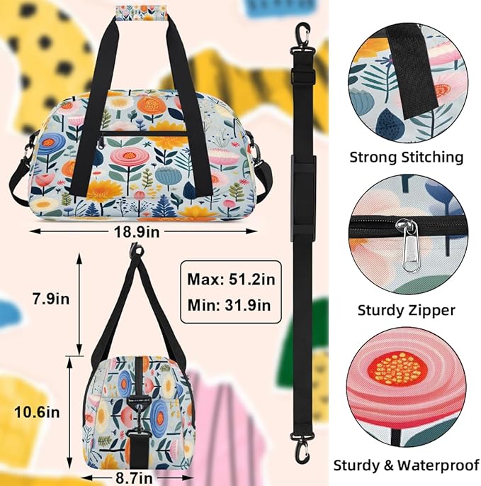 Duffle Bag for Women Men, Pastel Colorful Floral Gym Bag for Travel Sports, Lightweight Waterproof Weekender Overnight Bags with Adjustable Strap