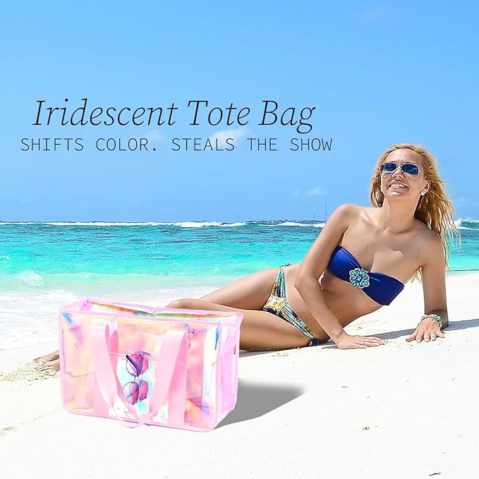Iridescent Clear Beach Bag for Women, Large Pool Tote Cruise Vacation Essentials - Waterproof, Zipper Closure