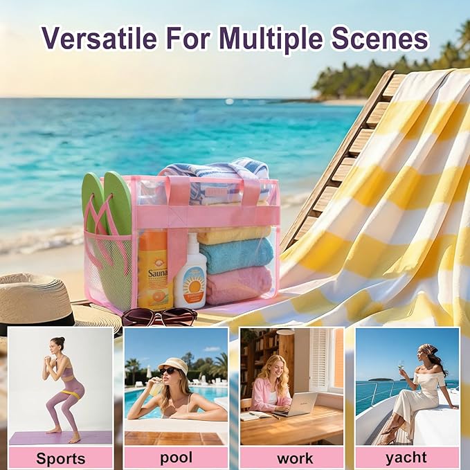2-Piece 26L Iridescent Beach Bags for Women,Purple Beach Tote Bag & Pink Clear Tote Bag, Large Waterproof Beach Bags for Family Summer Travel Essentials