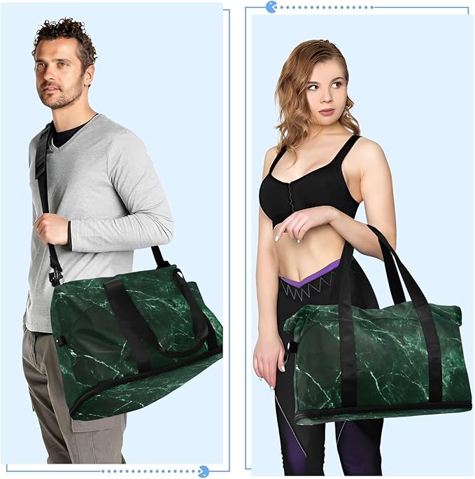 Travel Duffel Bags for Women Emerald Green Marble Print Sports Duffel Bags Gym Bags with Shoes Compartment Tote Bag Weekender Bag for Travelling