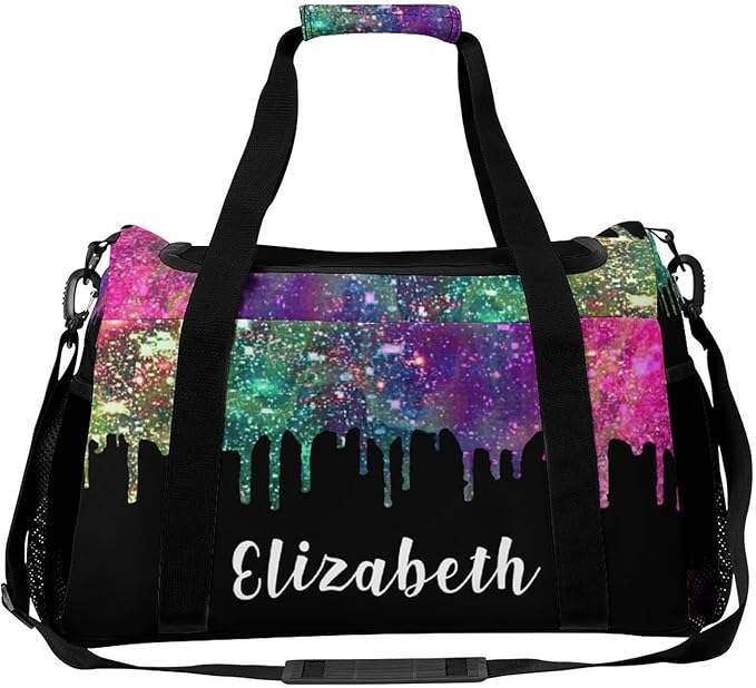 Custom Handheld Crossbody Travel Bag Colorful Black Sequin Glitter Print Lightweight Gym Bags Duffel Bag with Name Adjustable Shoulder Strap Backpacks