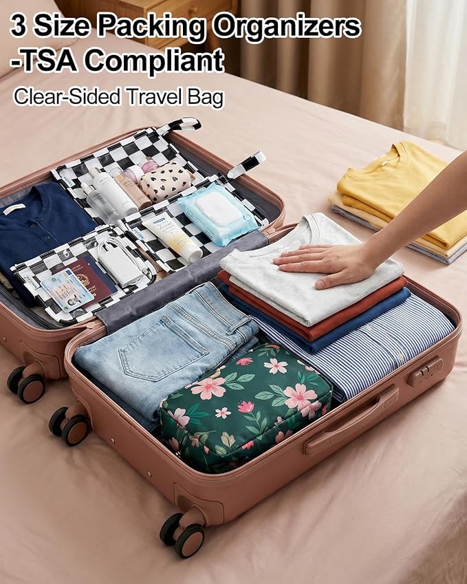 babygoal Clear Travel Organizer Bags 3 Pack, TSA Approved Mess-Proof Pouches with Snap Handle, Water-Resistant Toiletry Essentials for Baby & Mom (Black Plaid)