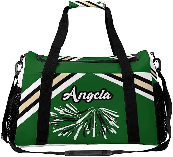 Duffle Bag, Personalized Name Green Cheer Cheerleaders Stripes Pom Travel Bag, Lightweight Gym Training Sports Bags Custom Unisex Gifts for Men Women