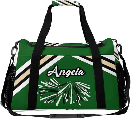 Duffle Bag, Personalized Name Green Cheer Cheerleaders Stripes Pom Travel Bag, Lightweight Gym Training Sports Bags Custom Unisex Gifts for Men Women