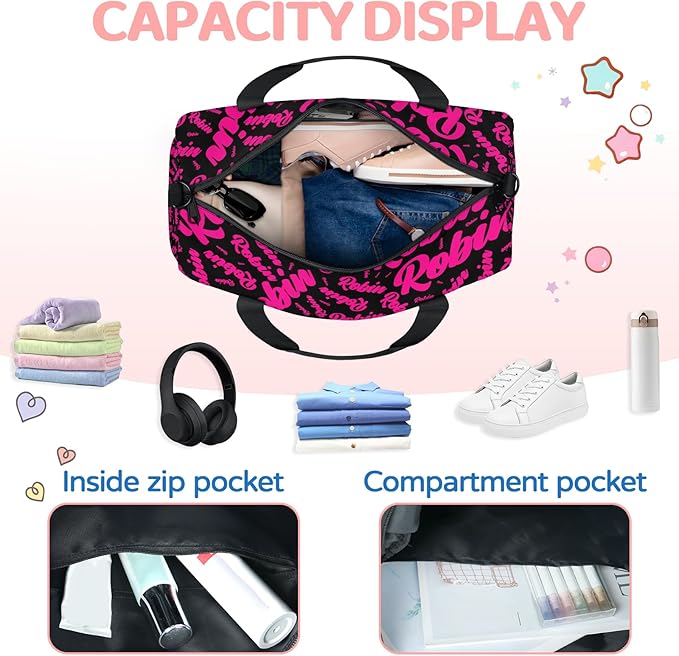 Custom-Dance-Gymnastics-Bag for Girls Personalized Kids Duffle Bag Cheerleader Team Bag for Travel Gym Sport Hot Pink Black
