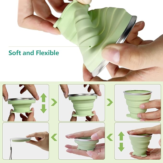 Collapsible Cup-Silicone Foldable Cups Expandable Folding Drinking Cup -Reusable Portable Mugs-Cup For Travel, Camping, Hiking, Survival, Car, Picnic, Beach, Outdoor Sports Light Green