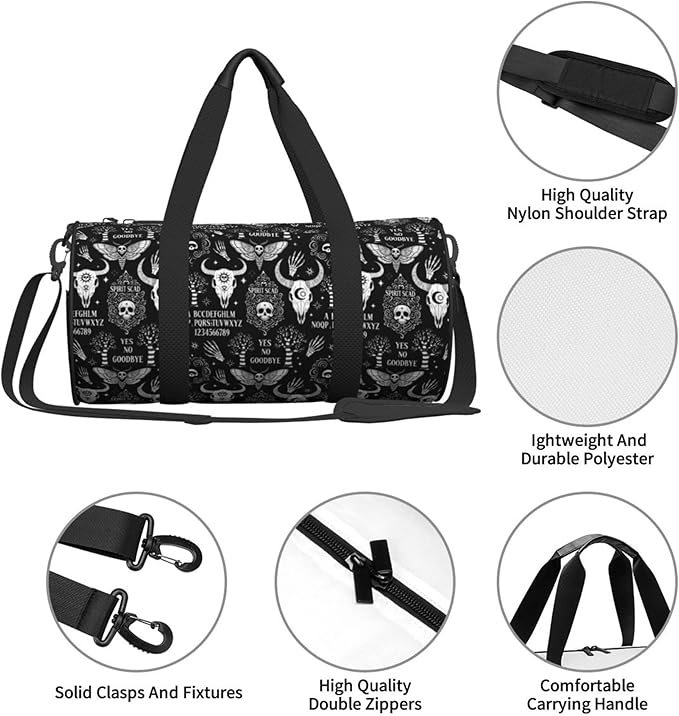 Gym Bag Round Duffle Bag Cat Skull Head Witch Board Black Gothic, Lightweight Carry on Duffel for Men Women Workout Fitness Travel Sports