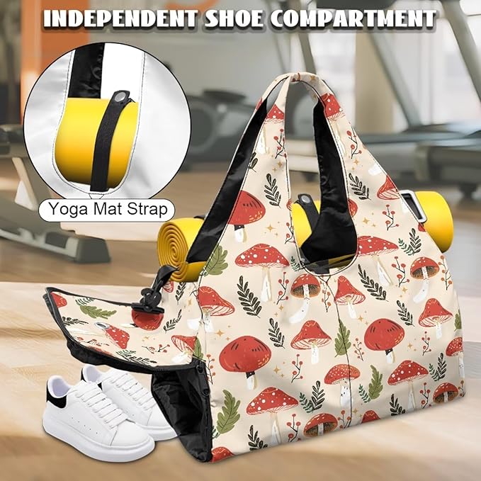 Mushroom Sports Bag with Shoe Compartment and Yoga Mat Holder Red for Women, Portable Gym Bag with Wet Pocket Waterproof Fitness Workout Sports Bag