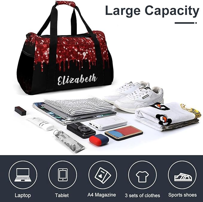 Red Sequin Maroon Black Glitter Print Handheld Crossbody Travel Bag Customized Duffel Bags with Adjustable Shoulder Strap for Shoes Travel Bag Personalized Gift