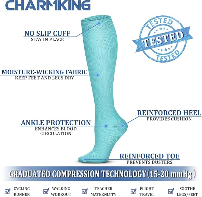CHARMKING 6 Pairs-Compression Socks for Women & Men Circulation Best Support for Nurses, Running, Athletic,Flight Travel