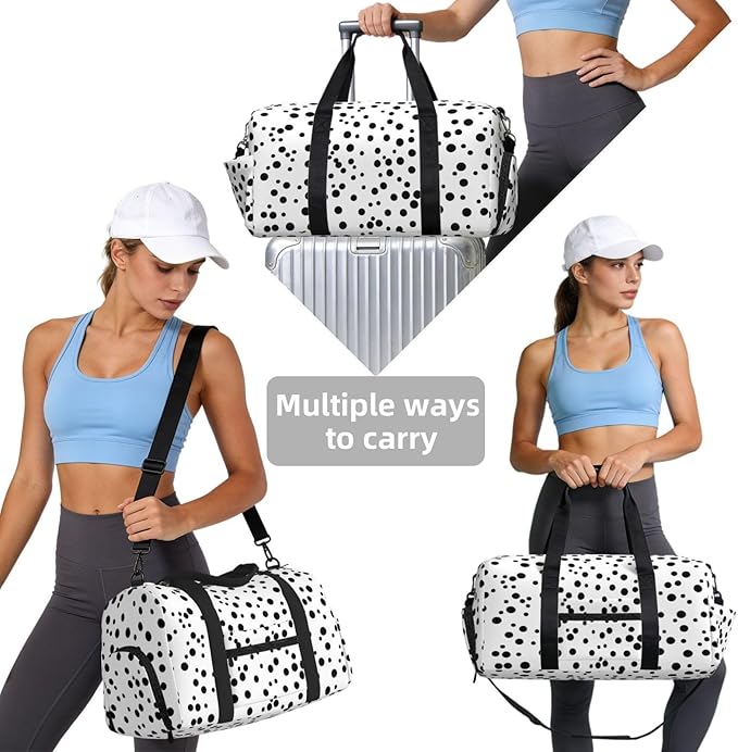 Black White Polka Dot Print Gym Bag with Shoe Compartment for Women Men, 17.7in Sports Duffle Weekender Tote, Overnight Travel Duffel Bag Carry On
