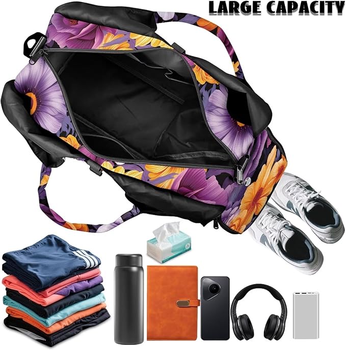 Purple Floral Womens Gym Bag with Shoe Compartment Lightweight Overnight Weekender Duffel Bag for Travel Sports Fitness Workout Yoga Mat Holder Organizer