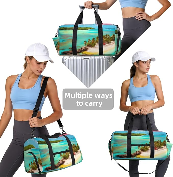 Caribbean Scenery Print Gym Bag with Shoe Compartment for Women Men, 17.7in Sports Duffle Weekender Tote, Overnight Travel Duffel Bag Carry On