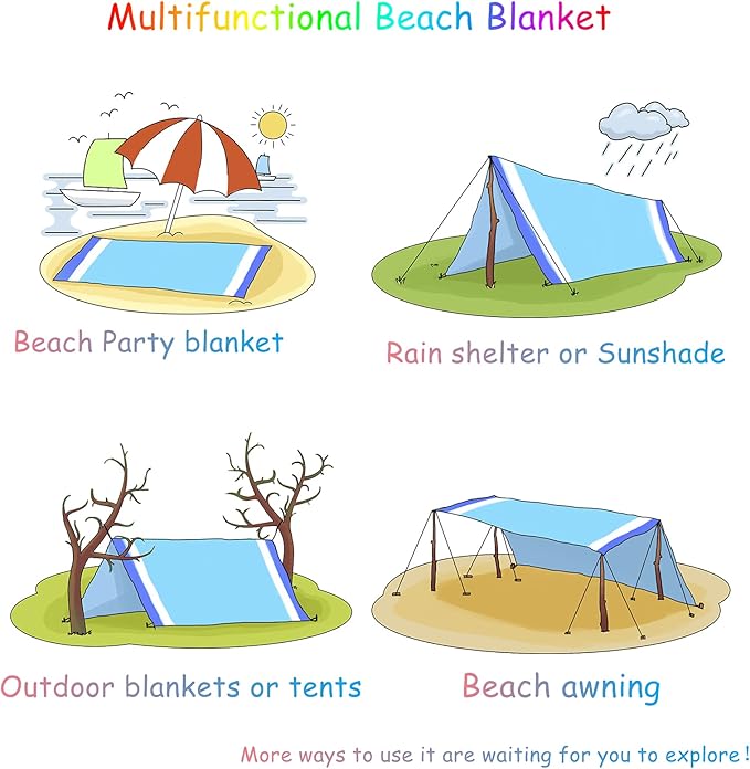 BYDOLL Beach Blanket 78''×81'' 4-7 Adults Oversized Lightweight Waterproof Sandproof Beach Blanket Large Picnic Mat for Travel Camping Hiking Picnic(78" X 81", Blue-Mixed)