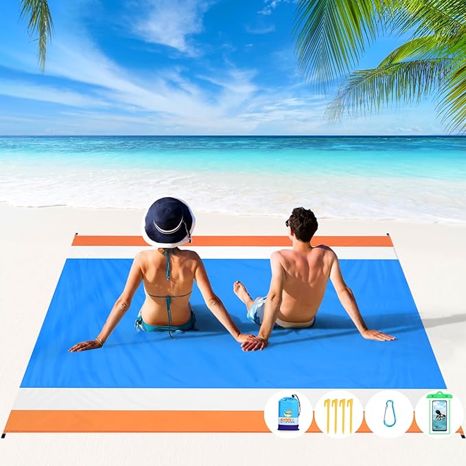 BYDOLL Beach Blanket 78''×81'' 4-7 Adults Oversized Lightweight Waterproof Sandproof Beach Blanket Large Picnic Mat for Travel Camping Hiking Picnic