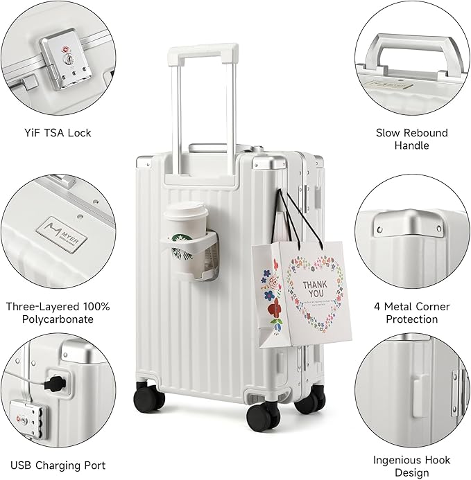 MYER Hard Case 24 Inch Checked Luggage with Spinner Wheels,Aluminum Luggage with 100% 3-Layer PC,Hard Shell Suitcases with Wheels,Cup Holder and USB Port (Milky White, 24 inch)