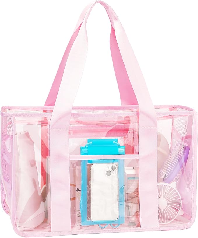 Iridescent Clear Beach Bag for Women, Large Pool Tote Cruise Vacation Essentials - Waterproof, Zipper Closure