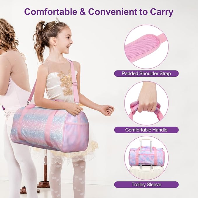 Bagseri Dance Bag for Girls - Kids Duffle with Shoe Compartment, Gymnastics Tote for Sleepover Travel with Water Resistant Wet Pocket (Tie-dye,Pink)