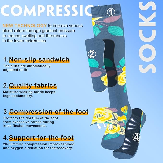 bropite Flora Compression Socks for Women & Men-Knee high 6 Pairs 20-30mmhg Support Running Nurse Travel