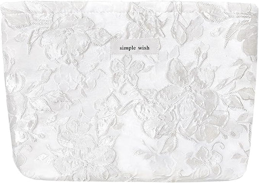 STARDW Aesthetic Floral Makeup Bag Cute Small Cosmetic Bags for Women Girls, Travel Toiletry Bag Large Capacity Zipper Makeup Pouch, Purse Organizer Pouches (Embossed white)