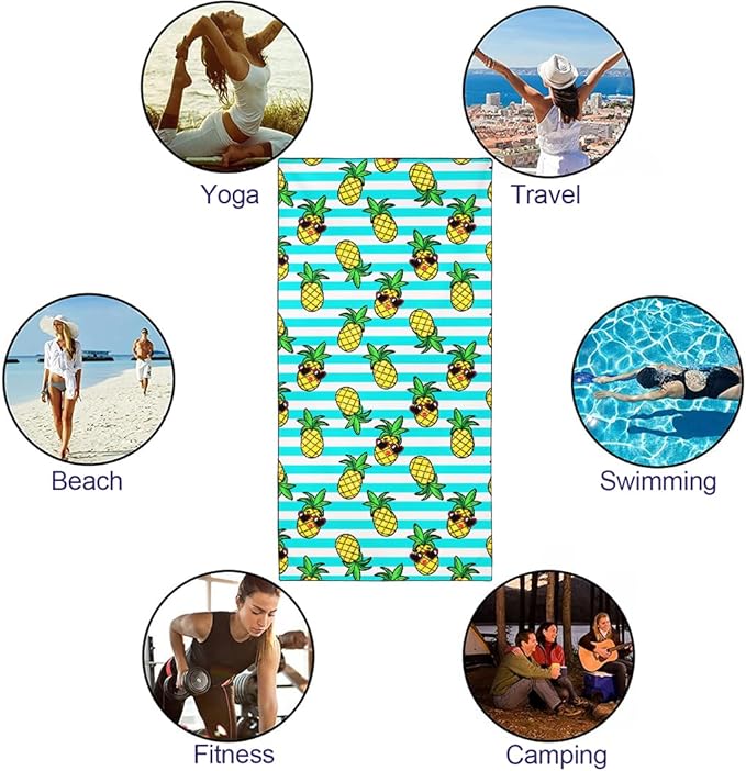 Tropical Pineapple Beach Towel, 36"x72" Sand Free Quick Dry Thin Lightweight Microfiber Fruit Towel for Travel