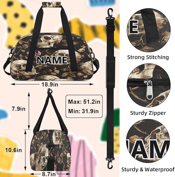 Skull Mini Gym Bag 18 inch for Women Men Waterproof Custom Vintage Floral Skull Gothic Travel Duffel Bag Carry On Overnight Tote Nurse Bag for Work Fitness Hiking