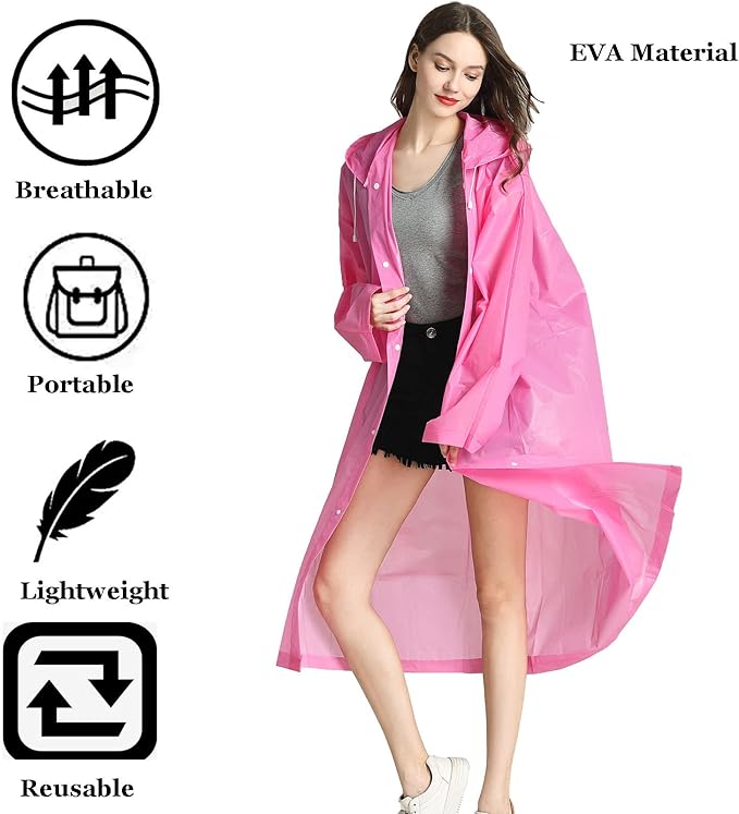 Raincoat, EVA Rain Coats Reusable Rain Ponchos Plastic Rain Jacket for Adults Men Women with Hood and Sleeves