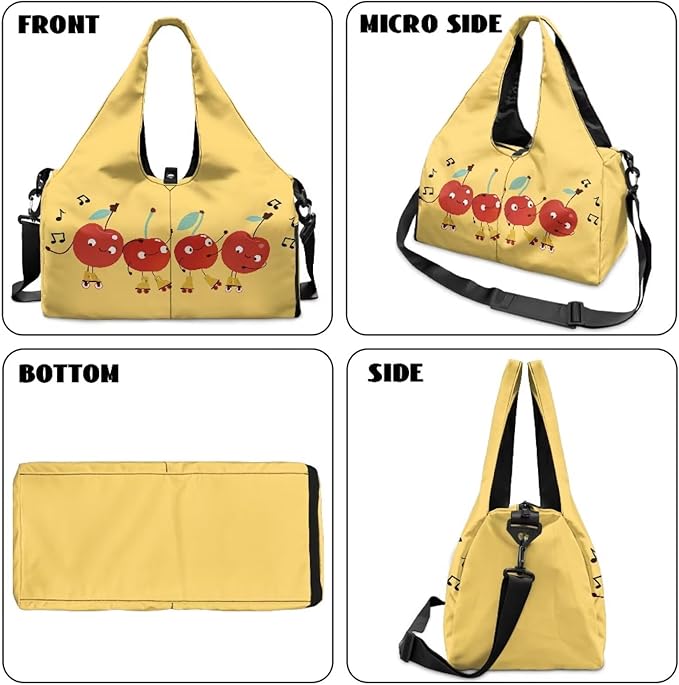 Cute Cherry Print Duffel Bag Women that Holds Yoga Mat and Shoe Compartment Portable Lightweight Waterproof Yellow Gym Bag, Fitness Workout Stylish Workout Bag