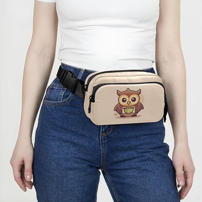 Cute Owl Drinking Coffee Fanny Pack for Women Men Water Resistant Fashion Waist Packs with Adjustable Strap Belt Bag for Travel Workout Jogging Hiking 21219859