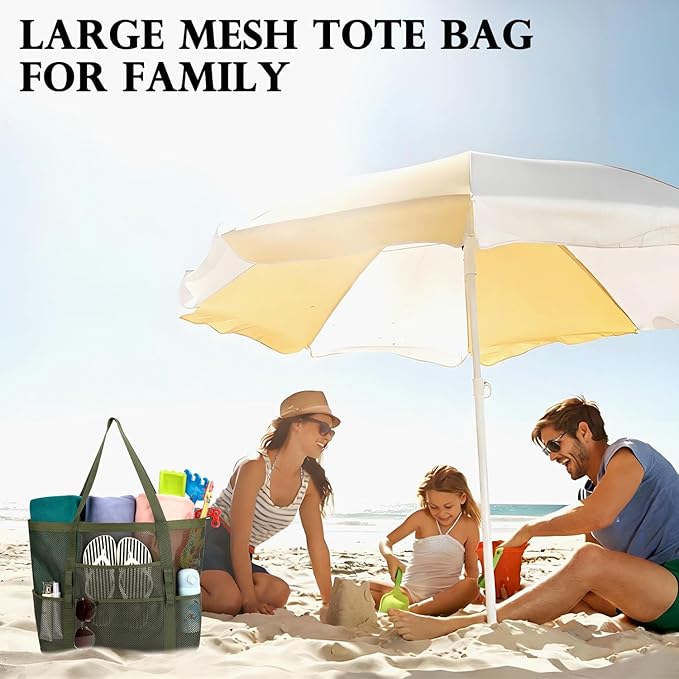 Mesh Beach Bag, Large Beach Tote with Zipper Pocket, Toys Pool Bag for Family Travel Vacation Cruise Essentials