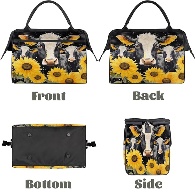 Gym Bag for Women Men, Watercolor Yellow Sunflowers Cow Sports Duffel Bags, Waterproof Travel Weekender Overnight Carry On Tote Bags for Travel Sports