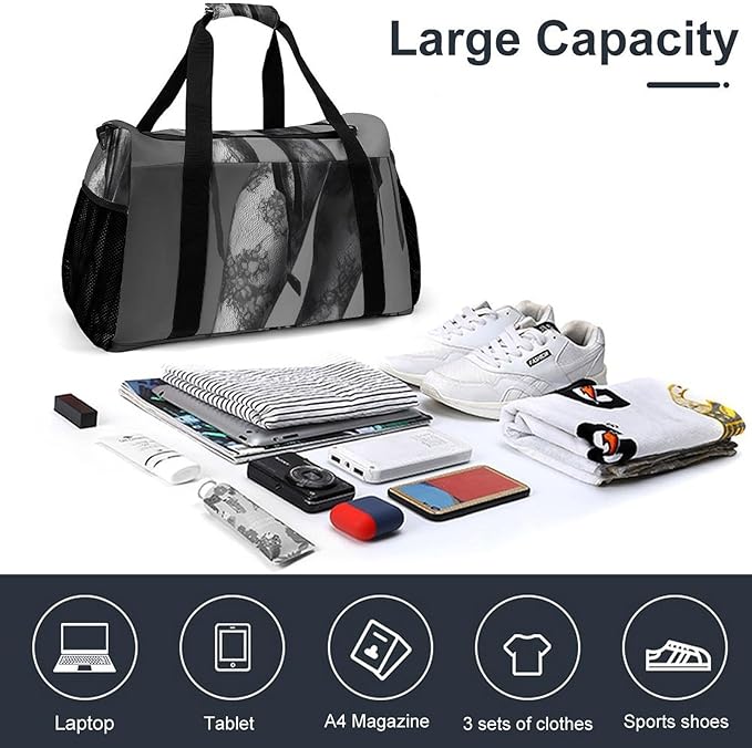High Heels Black Lace Stockings Duffle Bag Gym Bag for Workout Travel Tote with Detachable Straps
